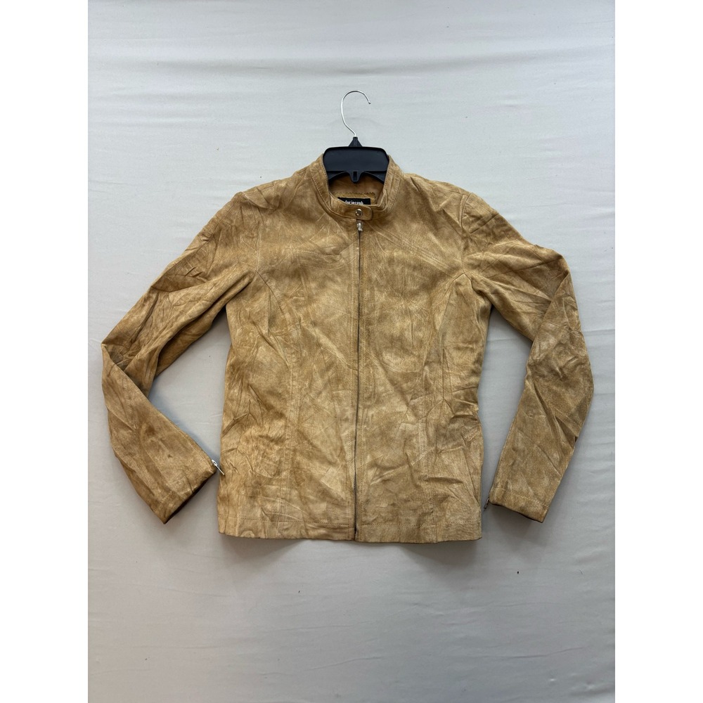 For Joseph Tan Suede Leather Moto Jacket Stand Collar Zip Up Small